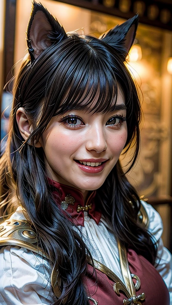 (high quality , Super detailed:1.2 ) , (Highly detailed beautiful face:1.4), ((Highest quality)), ((masterpiece)),((realistic:1.4)),smile ,beautiful woman, (be familiar with), perfect face、(8K, highest quality, masterpiece:1.2),(ultra high resolution:1.0),((Natural big breasts:1.2)),Chun-Li's face ,Cat ear ,Red Chinese clothing ,Sitting and laughing