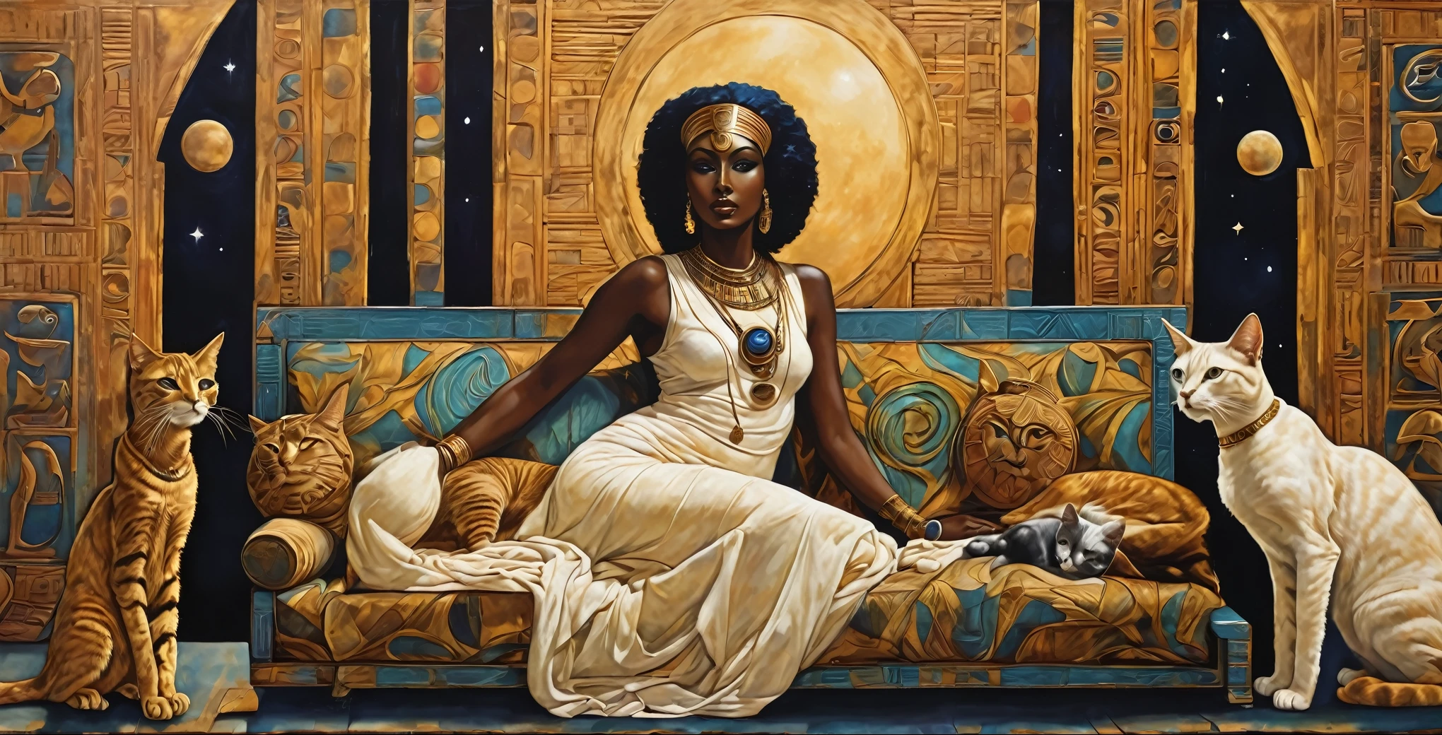 painting of a woman sitting on a couch with a cat and a cat, egyptian cat goddess, bastet, sumerian goddess inanna ishtar, kemetic, goddess of the hunt and the moon, afrocentric mysticism, goddess of sleep, kemetic symbolism, hecate goddess, dark skin female goddess of love, moon goddess