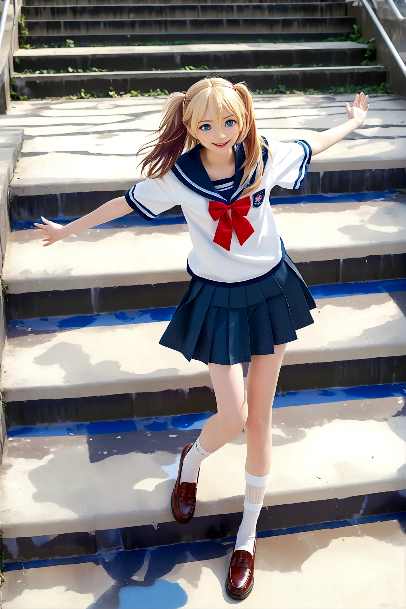 1girl, solo, long hair, looking at viewer, smile, open mouth, blue eyes, skirt, blonde hair, hair ornament, school uniform, full body, :d, pleated skirt, shoes, serafuku, socks, hairclip, outstretched arms, white socks, loafers, stairs, spread arms