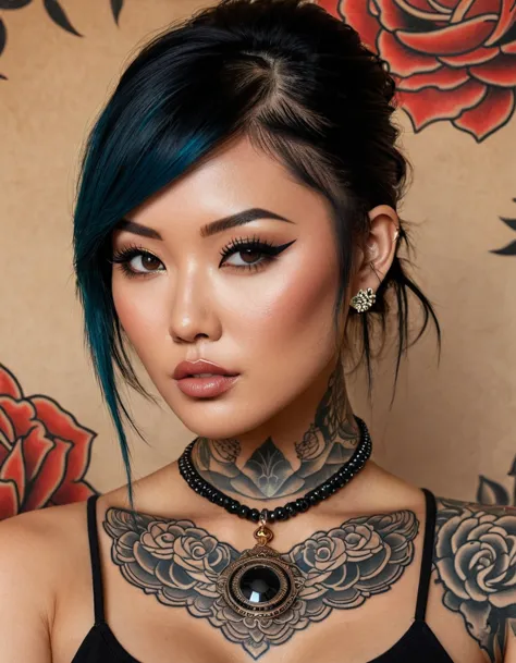 (masterpiece:1.7, best quality, high resolution image), Cinematic lighting, close-up of a tattoo depicting a woman's face. The f...