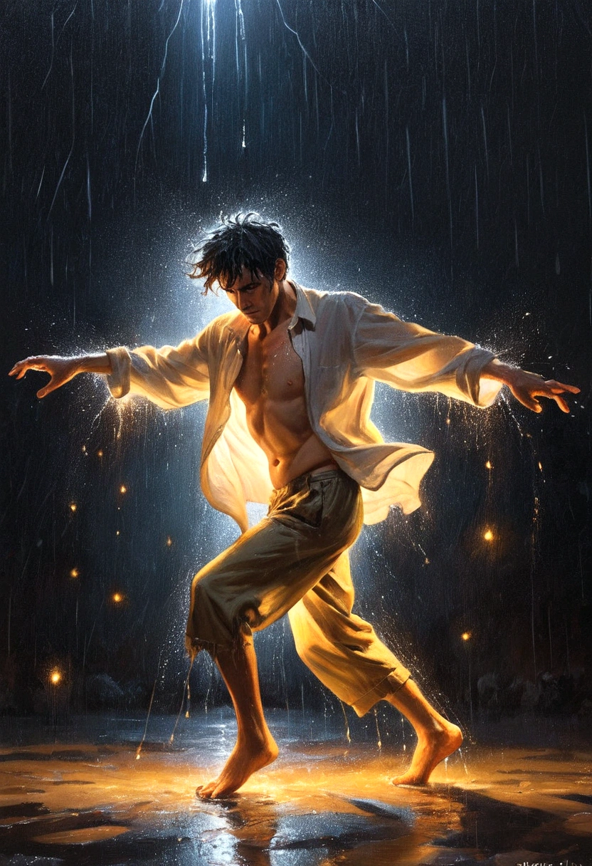 A madman dancing in the rain，explosive force，Ragged clothes，Barefoot，Illuminate the edges，Luminescence，Artistic Creativity：1.37