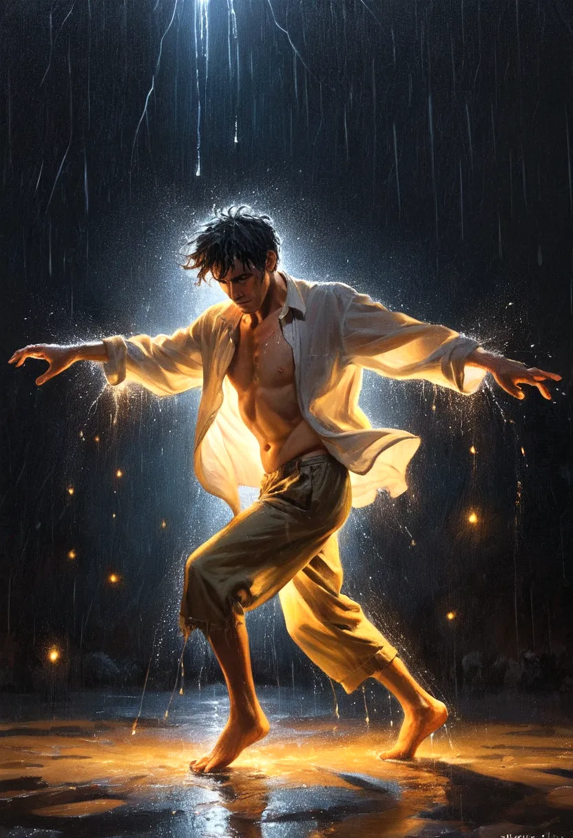 a madman dancing in the rain，explosive force，ragged clothes，barefoot，illuminate the edges，luminescence，artistic creativity：1.37