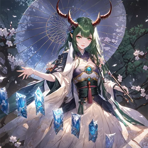 masterpiece, best quality, fantasy aesthetics, highly detailed, shadowverse style, female, japanese style, dark green hair, drag...