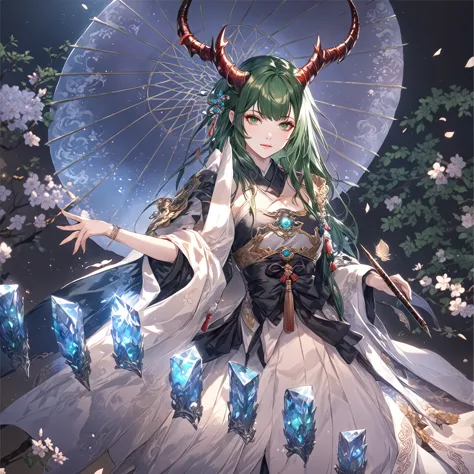 masterpiece, best quality, fantasy aesthetics, highly detailed, shadowverse style, female, japanese style, dark green hair, drag...