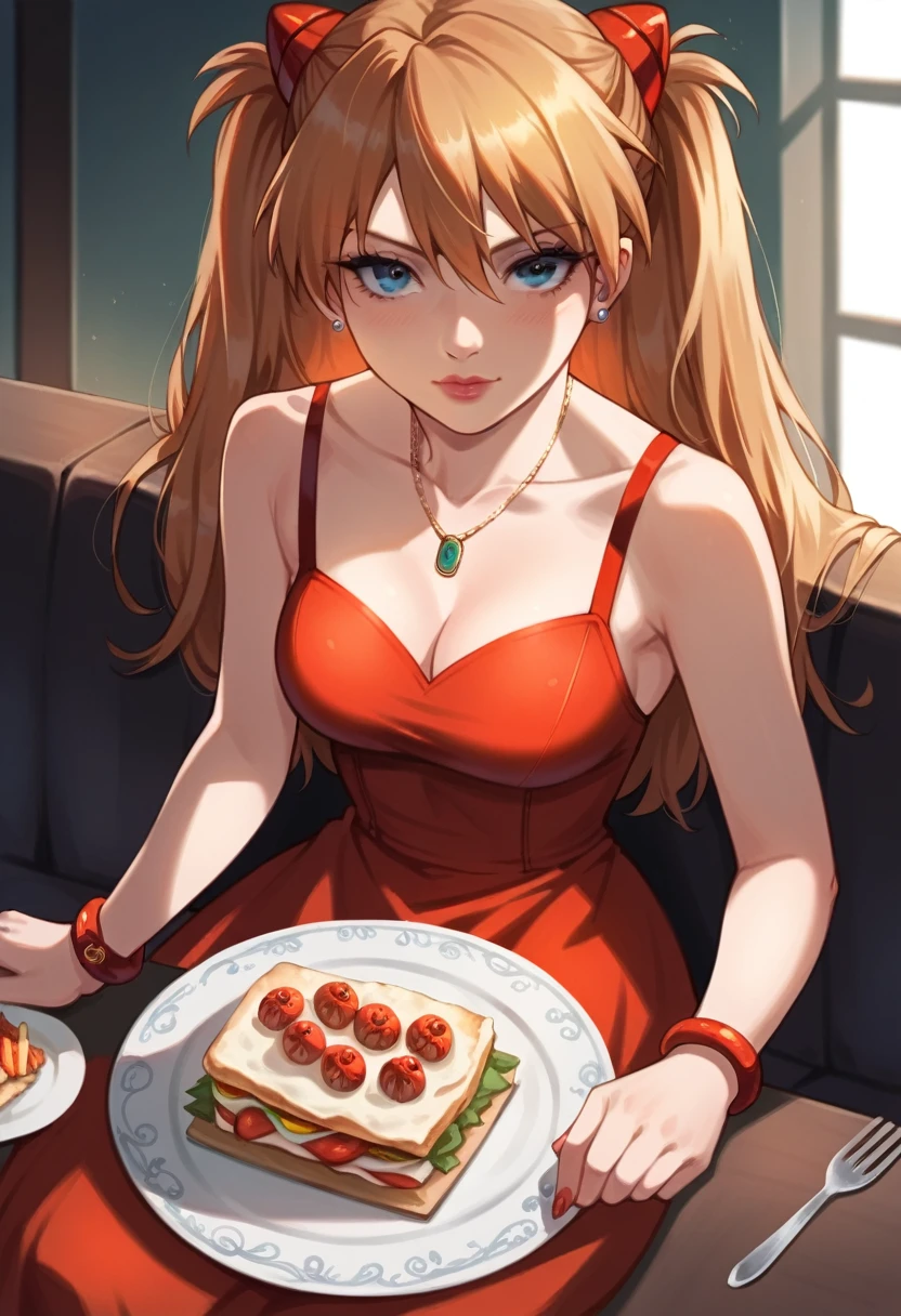 best quality, masterpiece, anime girl , young girl, 24 years old , 1girl, bangs, long hair, perfect body form, perfect shot, perfect anatomy, illustration, digital art, realistic, 4k, pov , red dress, sitting, dinner, elegant, date, delicious food, bracelet, jewelry, table, firt person view, eye contact, looking to the viewer, sohryu_asuka_langley