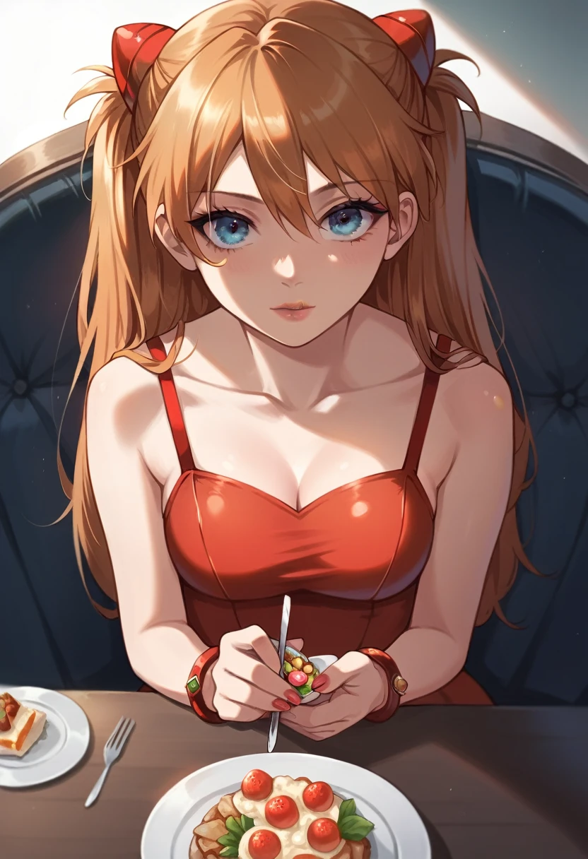 best quality, masterpiece, anime girl , young girl, 24 years old , 1girl, bangs, long hair, perfect body form, perfect shot, perfect anatomy, illustration, digital art, realistic, 4k, pov , red dress, sitting, dinner, elegant, date, delicious food, bracelet, jewelry, table, firt person view, eye contact, looking to the viewer, sohryu_asuka_langley