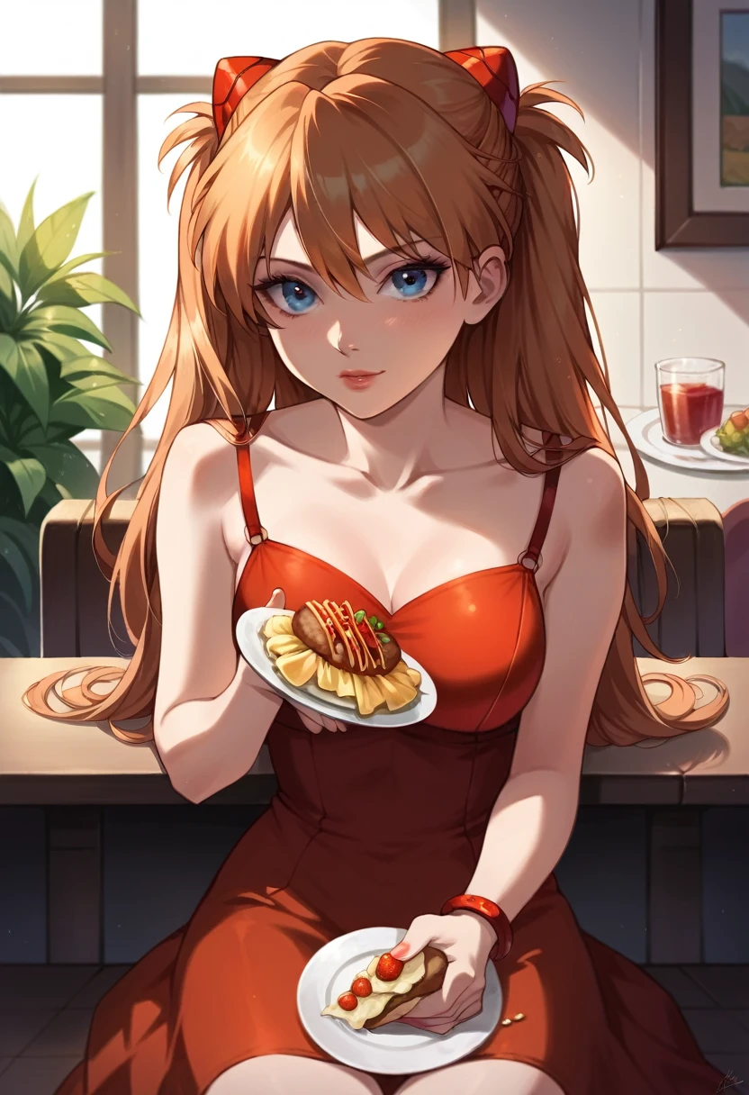 best quality, masterpiece, anime girl , young girl, 24 years old , 1girl, bangs, long hair, perfect body form, perfect shot, perfect anatomy, illustration, digital art, realistic, 4k, pov , red dress, sitting, dinner, elegant, date, delicious food, bracelet, jewelry, table, firt person view, eye contact, looking to the viewer, sohryu_asuka_langley