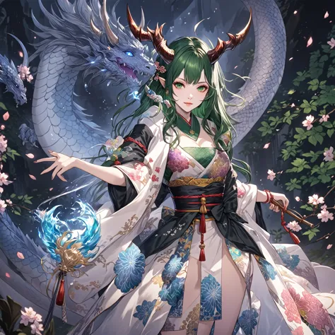 masterpiece, best quality, fantasy aesthetics, highly detailed, shadowverse style, female, japanese style, dark green hair, drag...