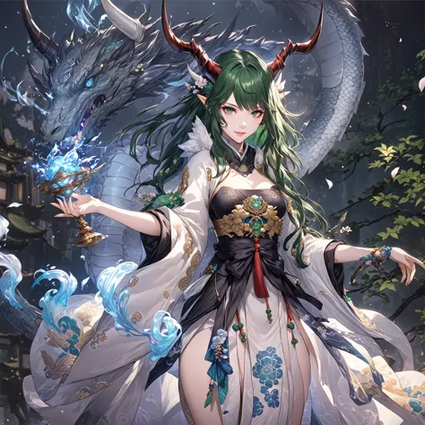 masterpiece, best quality, fantasy aesthetics, highly detailed, shadowverse style, female, japanese style, dark green hair, drag...