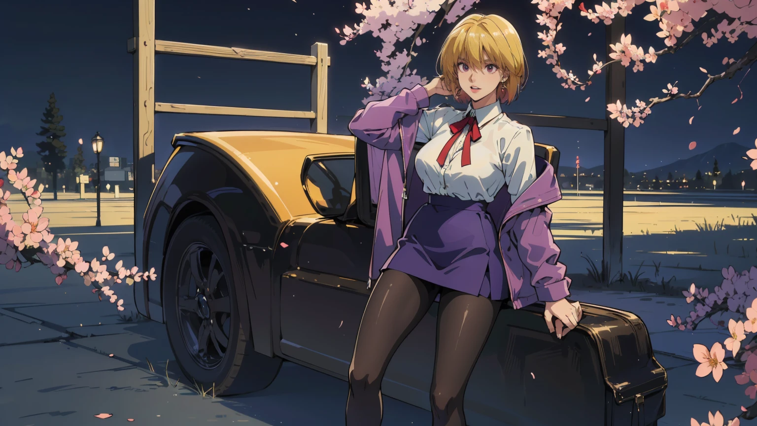 caucasian female, high school teacher, beautiful clavicle, beautiful thigh, beautiful legs, ((purple jacket, close jacket, purple tight skirt, white collared shirt), black pantyhose), purple neck ribbon, high heels, black bag, (beautiful scenery), morning, riverside, cherry blossom, standing, hands on hair, daylight, riverside, (High Resolution), (Very Detailed), (Best Photo), (Best Quality), (Ultra Detailed), (​masterpiece:1.5), very precise details,(Ultra High Resolution:1.4), the Extremely Detailed CG Unity 8K Wallpapers, highest quality, hight resolution, (Realistic, Photorealsitic, hyper realisitic:1.5), the light shines on your face, profetional lighting, anime styled, beautiful hair, detailed hair,(Detailed Face), (Beautiful Detailed Eyes), Beautiful breasts, beautiful detailed shadow, Beautiful body, Beautiful skin, beautifull hands, precise details hands, beautiful fingers, very precise detailed fingers, (Ultra-detailed face, Detailed eyes:1.4), beautiful eyebrows, cool eyebrows, (Aesthetic Anime Eyes:1.4), (Light from the front :1.4), (1girl in:1.4),(Solo:1.4), (Mature face and body), (Beautiful cute face), (beautiful female lips), Charming, looks at the camera with a gentle smile, standing, hands on hair, (lovely smile, upper eyes, open mouth), earrings glossy lips, (juicy female lips), perfect female body, Beautiful waist, beautiful long eyelashes , Shiny skin, tilt her head, 30year old, mature female, Kurapika, 1girl, ((scarlet eyes)), blonde hair, ((bob hair)), flowing hair, fluttering hair, long legs, very huge breasts, long breasts, saggy breasts, hips wider than shoulders, wide hips, pelvic curtain, beautiful thighs, thick thighs, garnet earrings, white shirt (pantyhose:1.3), brown pantyhose, black high heels, pumps, full body