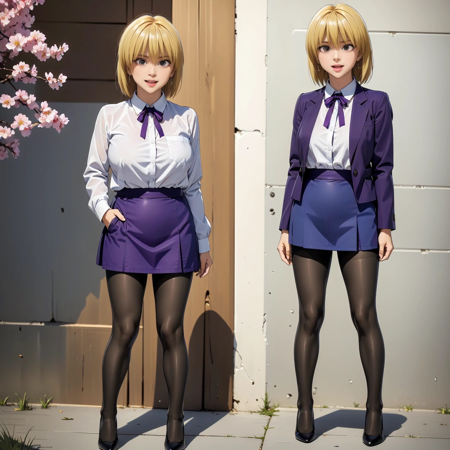 caucasian female, high school teacher, beautiful clavicle, beautiful thigh, beautiful legs, ((purple jacket, close jacket, purple tight skirt, white collared shirt), black pantyhose), purple neck ribbon, high heels, black bag, (beautiful scenery), morning, riverside, cherry blossom, standing, hands on hair, daylight, riverside, (High Resolution), (Very Detailed), (Best Photo), (Best Quality), (Ultra Detailed), (​masterpiece:1.5), very precise details,(Ultra High Resolution:1.4), the Extremely Detailed CG Unity 8K Wallpapers, highest quality, hight resolution, (Realistic, Photorealsitic, hyper realisitic:1.5), the light shines on your face, profetional lighting, anime styled, beautiful hair, detailed hair,(Detailed Face), (Beautiful Detailed Eyes), Beautiful breasts, beautiful detailed shadow, Beautiful body, Beautiful skin, beautifull hands, precise details hands, beautiful fingers, very precise detailed fingers, (Ultra-detailed face, Detailed eyes:1.4), beautiful eyebrows, cool eyebrows, (Aesthetic Anime Eyes:1.4), (Light from the front :1.4), (1girl in:1.4),(Solo:1.4), (Mature face and body), (Beautiful cute face), (beautiful female lips), Charming, looks at the camera with a gentle smile, standing, hands on hair, (lovely smile, upper eyes, open mouth), earrings glossy lips, (juicy female lips), perfect female body, Beautiful waist, beautiful long eyelashes , Shiny skin, tilt her head, 30year old, mature female, Kurapika, 1girl, ((scarlet eyes)), blonde hair, ((bob hair)), flowing hair, fluttering hair, long legs, very huge breasts, long breasts, saggy breasts, hips wider than shoulders, wide hips, pelvic curtain, beautiful thighs, thick thighs, garnet earrings, white shirt (pantyhose:1.3), brown pantyhose, black high heels, pumps, full body