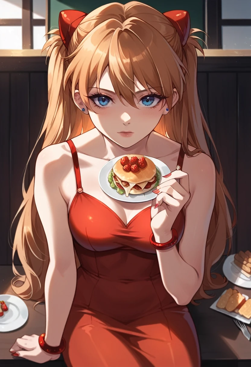 best quality, masterpiece, anime girl , young girl, 24 years old , 1girl, bangs, long hair, perfect body form, perfect shot, perfect anatomy, illustration, digital art, realistic, 4k, pov , red dress, sitting, dinner, elegant, date, delicious food, bracelet, jewelry, table, firt person view, eye contact, looking to the viewer, sohryu_asuka_langley