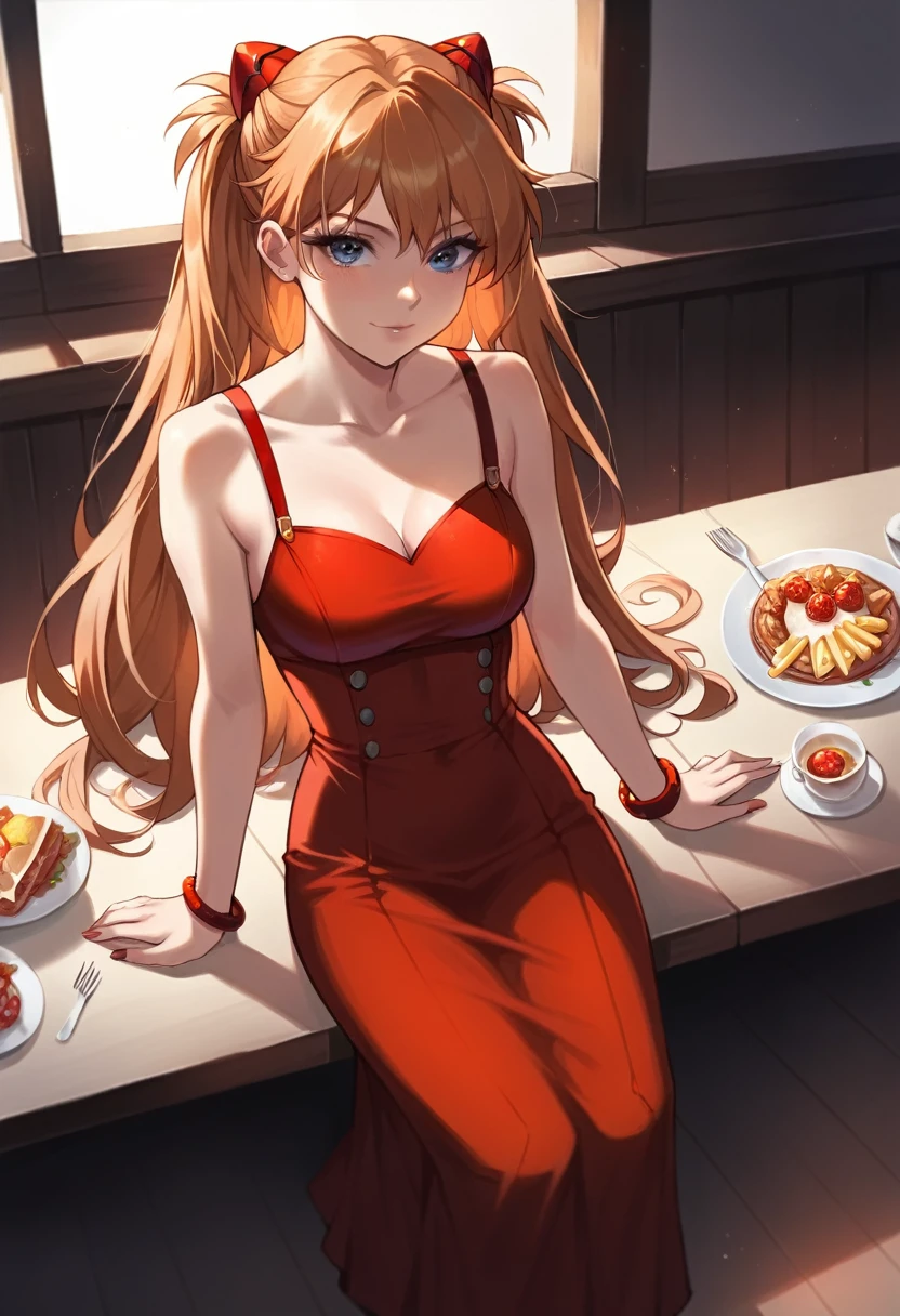 best quality, masterpiece, anime girl , young girl, 24 years old , 1girl, bangs, long hair, perfect body form, perfect shot, perfect anatomy, illustration, digital art, realistic, 4k, pov , red dress, sitting, dinner, elegant, date, delicious food, bracelet, jewelry, table, firt person view, eye contact, looking to the viewer, sohryu_asuka_langley