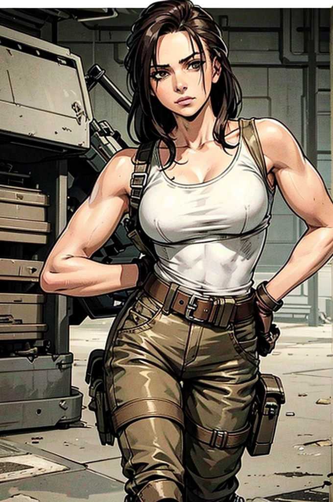 a military woman, well trained body, white sleeveless t-shirt, Exposed collarbone, beige leather shelter, blue pants, two leather belts with gun pockets, dark brown hair, carving, Brown eyes, hazel left eye, left eye with a scar, beach shore, at daytime, getting off a water boat, calm expression, sparkling beach, In a post-apocalyptic environment, post - apocalyptic cowgirl, Post - Apocalyptic style, Post apocalyptic clothing, pose, post-apocalyptic, Postapocalyptic style, post apocalyptic grunge, Post - Apocalyptic Scavenger. (Ultra quality) 8k quality, detailed, perfect light, perfect angle, perfect sharpness.