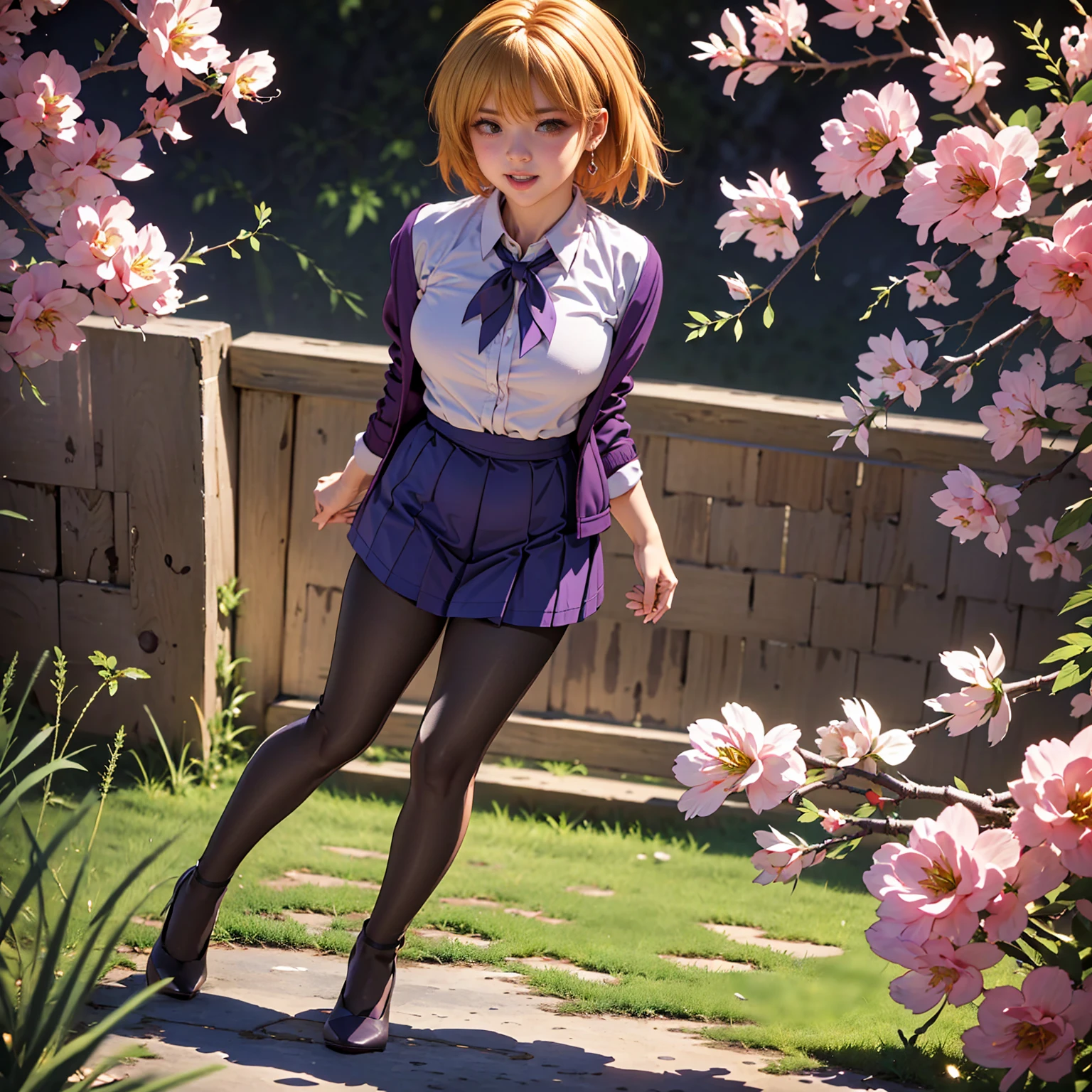 caucasian female, high school teacher, beautiful clavicle, beautiful thigh, beautiful legs, ((purple jacket, close jacket, purple tight skirt, white collared shirt), black pantyhose), purple neck ribbon, high heels, black bag, (beautiful scenery), morning, riverside, cherry blossom, standing, hands on hair, daylight, riverside, (High Resolution), (Very Detailed), (Best Photo), (Best Quality), (Ultra Detailed), (​masterpiece:1.5), very precise details,(Ultra High Resolution:1.4), the Extremely Detailed CG Unity 8K Wallpapers, highest quality, hight resolution, (Realistic, Photorealsitic, hyper realisitic:1.5), the light shines on your face, profetional lighting, anime styled, beautiful hair, detailed hair,(Detailed Face), (Beautiful Detailed Eyes), Beautiful breasts, beautiful detailed shadow, Beautiful body, Beautiful skin, beautifull hands, precise details hands, beautiful fingers, very precise detailed fingers, (Ultra-detailed face, Detailed eyes:1.4), beautiful eyebrows, cool eyebrows, (Aesthetic Anime Eyes:1.4), (Light from the front :1.4), (1girl in:1.4),(Solo:1.4), (Mature face and body), (Beautiful cute face), (beautiful female lips), Charming, looks at the camera with a gentle smile, standing, hands on hair, (lovely smile, upper eyes, open mouth), earrings glossy lips, (juicy female lips), perfect female body, Beautiful waist, beautiful long eyelashes , Shiny skin, tilt her head, 30year old, mature female, Kurapika, 1girl, ((scarlet eyes)), blonde hair, ((bob hair)), flowing hair, fluttering hair, long legs, very huge breasts, long breasts, saggy breasts, hips wider than shoulders, wide hips, pelvic curtain, beautiful thighs, thick thighs, garnet earrings, white shirt (pantyhose:1.3), brown pantyhose, black high heels, pumps, full body