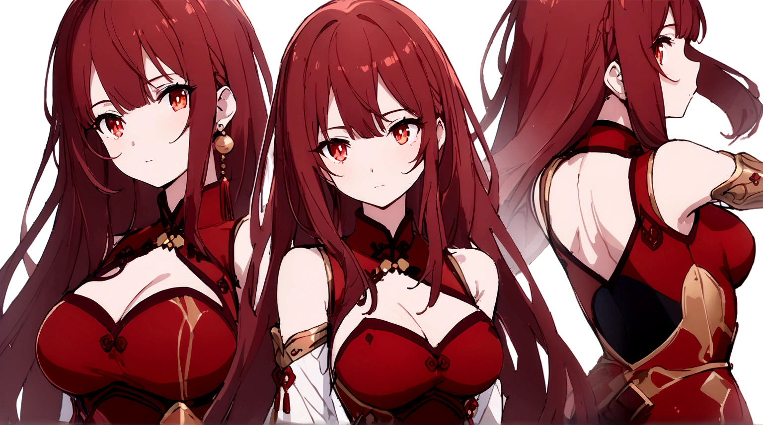 ((masterpiece)),(((best quality))),(character design sheet, same character, front, side, back), illustration, 1 woman, peitos grandes , huge ,  hair color red, bangs, long hair, eyes red and gold, environment change scene, Female, chinese outfit, Charturnbetalora, (simple background, white background: 1.3), 4k