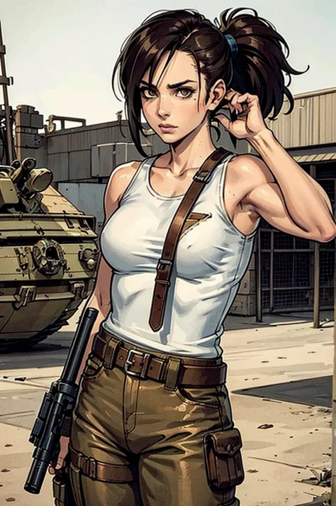 a military woman, well trained body, white sleeveless t-shirt, Exposed collarbone, beige leather shelter, blue pants, two leathe...