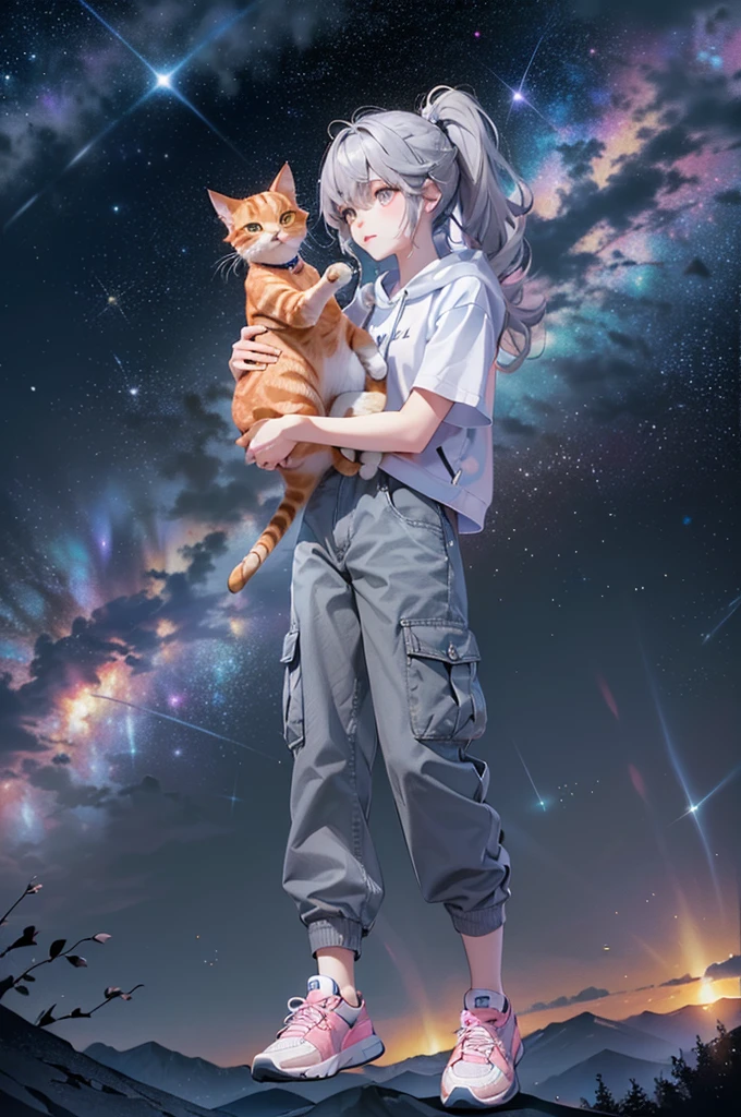 (((Holding a cute orange bantam cat in both hands)))，((Highest quality，masterpiece，Full frontal view of a super mature and tall beauty，Air bangs，Blue gray high ponytail super long straight hair，Slightly curly hair on double sideburns，Hair ends curled in，Gray and pink short T-shirt，Light blue denim gray hooded jacket，Black and gray long and wide cargo pants，Pink and white sneakers，(((Look at the camera head-on)))，starry sky galaxy background