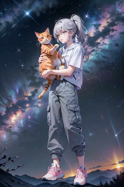 (((holding a cute orange bantam cat in both hands)))，((highest quality，masterpiece，full frontal view of a super mature and tall ...