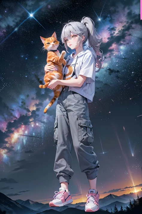 (((holding a cute orange bantam cat in both hands)))，((highest quality，masterpiece，full frontal view of a super mature and tall ...