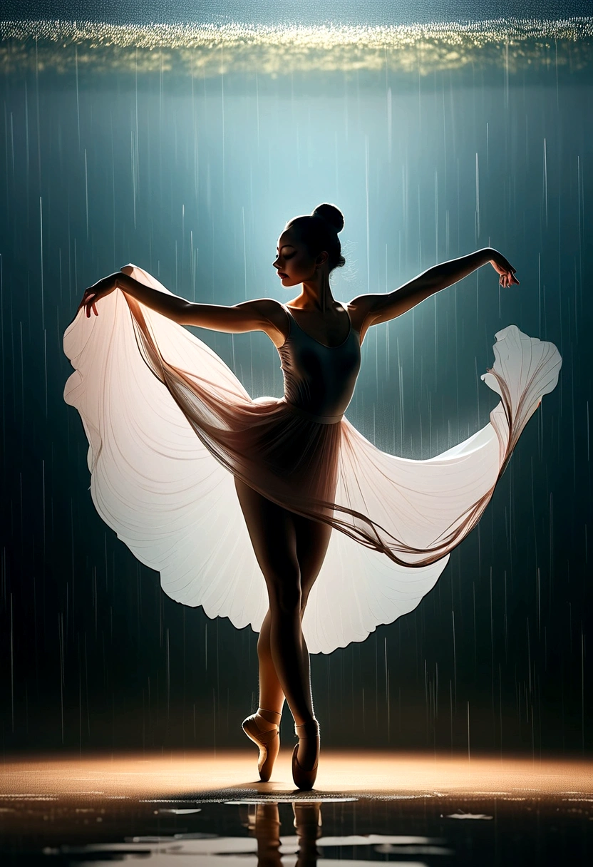 The silhouette of a ballet dancer gradually formed by the rain， Lake, Digital Art Style, Simple lines，Silhouette of a ballet dancer dancing beautifully from above, 暴雨 dancing with the light Simple lines, Silhouette Art, background, illustration, 暴雨background, cartoon, 纯色background, texture, lotus, Warm atmosphere, Mysterious feeling, Dancing in the heavy rain, A style that displays waterspouts and light，Double Exposure，reflection