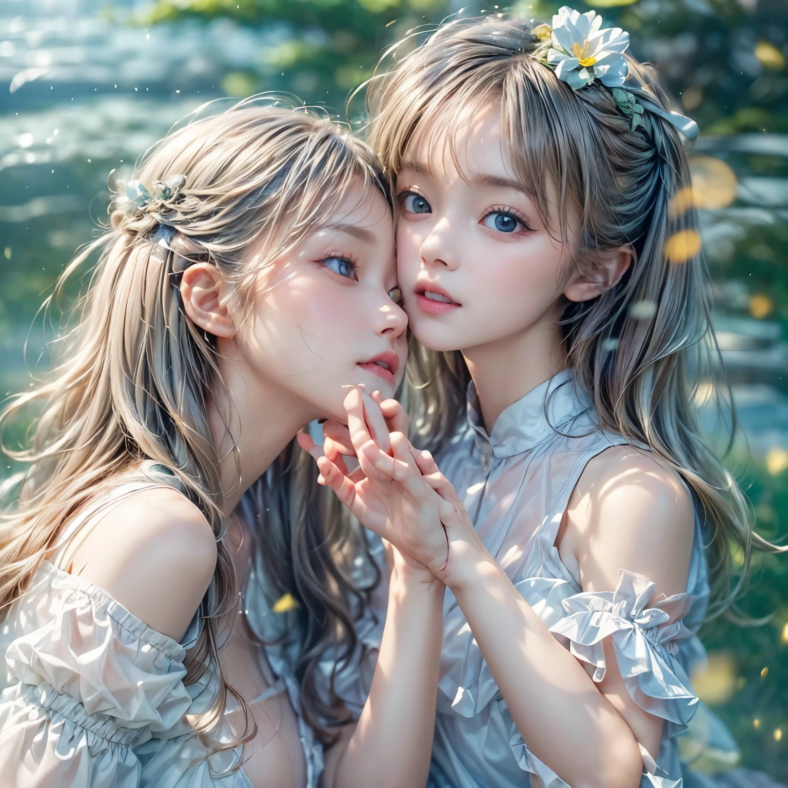 SFW, ((David Hamilton:1.37, White and RainbowColors))、Extremely Detailed (Tiny Oppai-Loli Twins)、{(Dynamic-angle)|(from side)|(from back)|((from below:1.2))}、{(((Kissing face to face:1.37) Against the Nipples to Nipples Pressing hard))| ZoomedOut }、{(Floating hair with Strong wind)|(Ass focus)|French Braid|bun}、((8K best quality Masterpiece:1.2、Photo-realistic:1.37)), { kodachrome | realistic | photorealistic | RAW }  BREAK  ((Detailed KAWAII Face、Detailed Radiant PearlSkin) with Transparency)、Smooth shading、(SoftFocus BokeH)、Soft Lighting、((school uniform))、{Flowers|Flower wreath|smile|Joyful|Pleasuring|Different types of hair colors}、{(Light Particles:1.2)|(Lens Flare)|(Luminescent Particles:0.6)}、{(((Just a heads above the Lake))) |Sparkling Lake surface|Splashing water|Before dawn|magic hour|morning glow|foggy|Haze|(Dazzling Colored Horizon)}、{ThighGap | hidden hands | PUNIPUNI } .