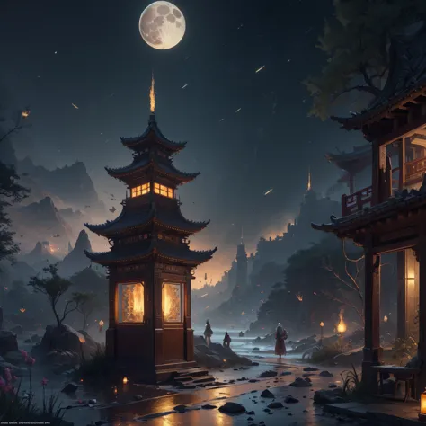 official art, Ancient China, Ancient streets, (Lots of fireflies), (night), (moon), world, Beautiful landscapes, epic landscapes...