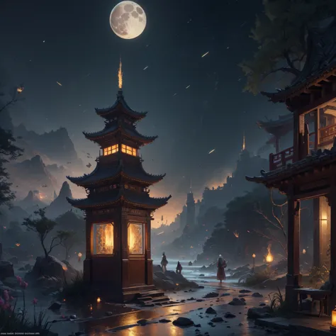 official art, ancient china, ancient streets, (lots of fireflies), (night), (moon), world, beautiful landscapes, epic landscapes...