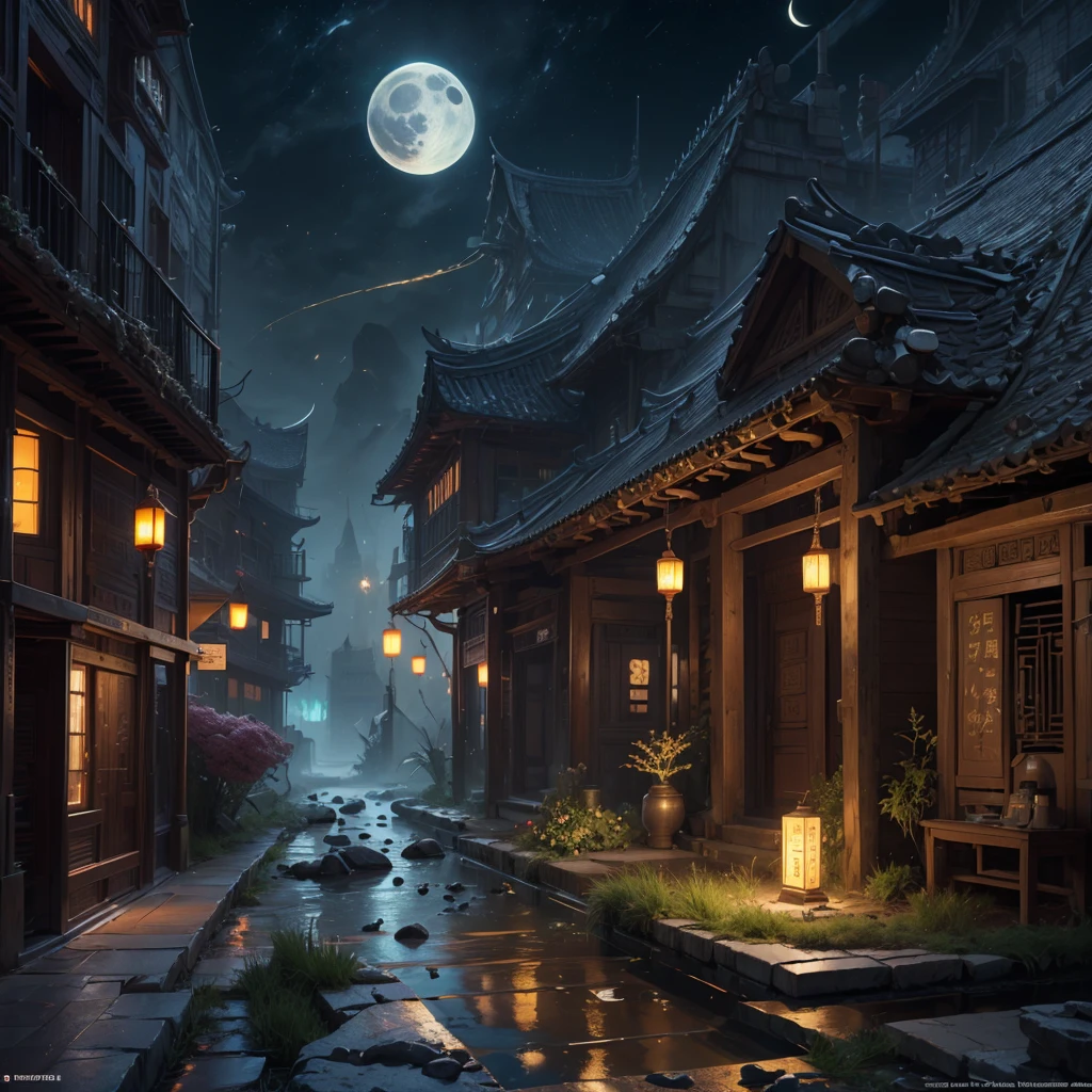 official art, Ancient China, Ancient streets, (Lots of fireflies), (night), (moon), world, Beautiful landscapes, epic landscapes, Realistic world, masterpiece, high quality, beautiful graphics, high detail , global illumination, Рендеринг на Unreal Engine, Octane rendering, (HDR: 1.3)