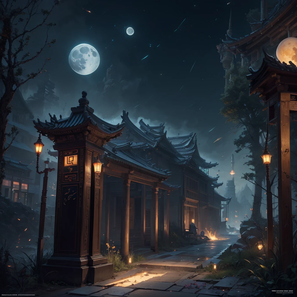 official art, Ancient China, Ancient streets, (Lots of fireflies), (night), (moon), world, Beautiful landscapes, epic landscapes, Realistic world, masterpiece, high quality, beautiful graphics, high detail , global illumination, Рендеринг на Unreal Engine, Octane rendering, (HDR: 1.3)