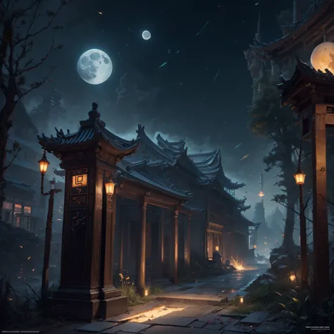official art, Ancient China, Ancient streets, (Lots of fireflies), (night), (moon), world, Beautiful landscapes, epic landscapes...