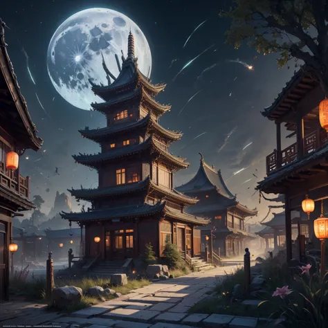 official art, Ancient China, Ancient streets, (Lots of fireflies), (night), (moon), world, Beautiful landscapes, epic landscapes...