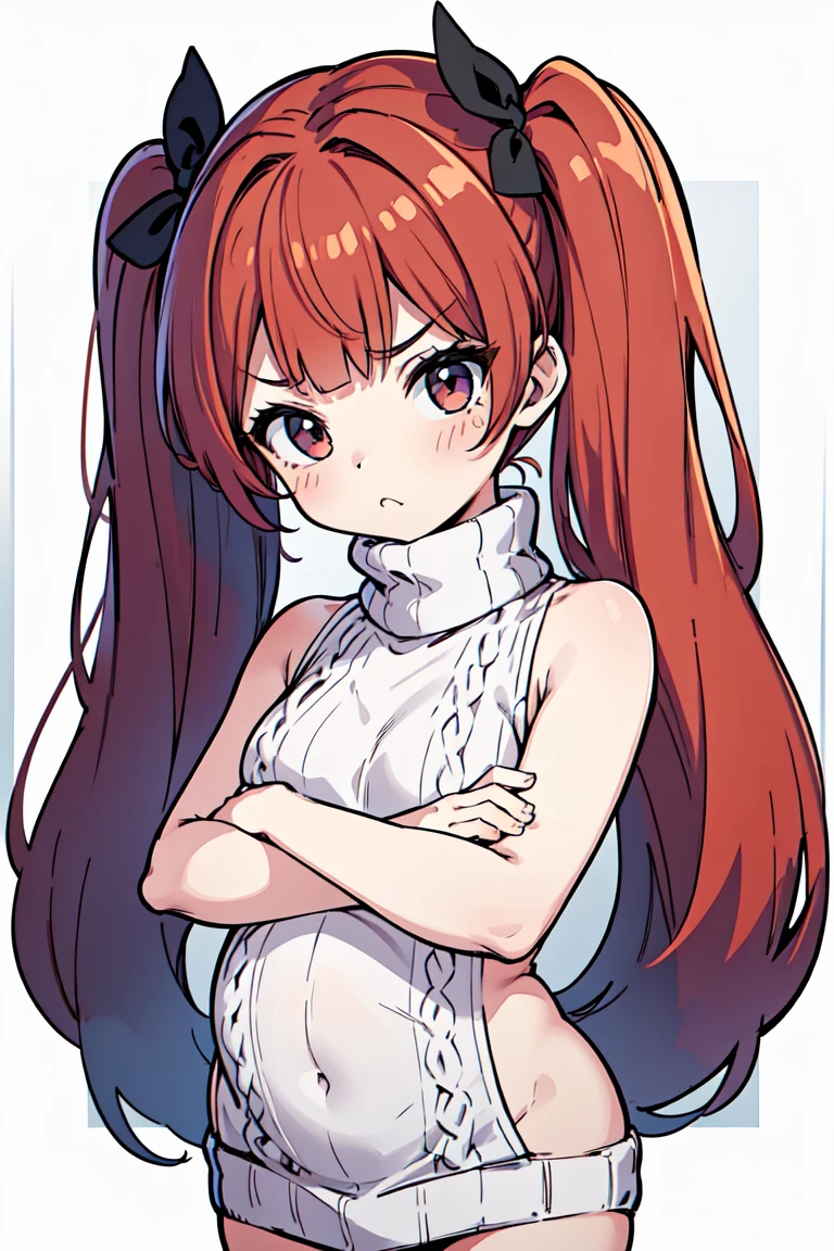 1girl, tsundere, small breasts, ((huge belly)), ((obese)), (red hair:1.2, twintails, very long hair, open forehead)), black hair ribbons, (sweater, turtleneck sweater, backless sweater, sleeveless, bottomless), standing, (crossed arms), :< expression, pouting, inexpressive, neutral, sfw, ((white background)), anatomically correct, best quality, award winning, highres, 16k, 1080P, HD, masterpiece, accurate, border, outside border, 