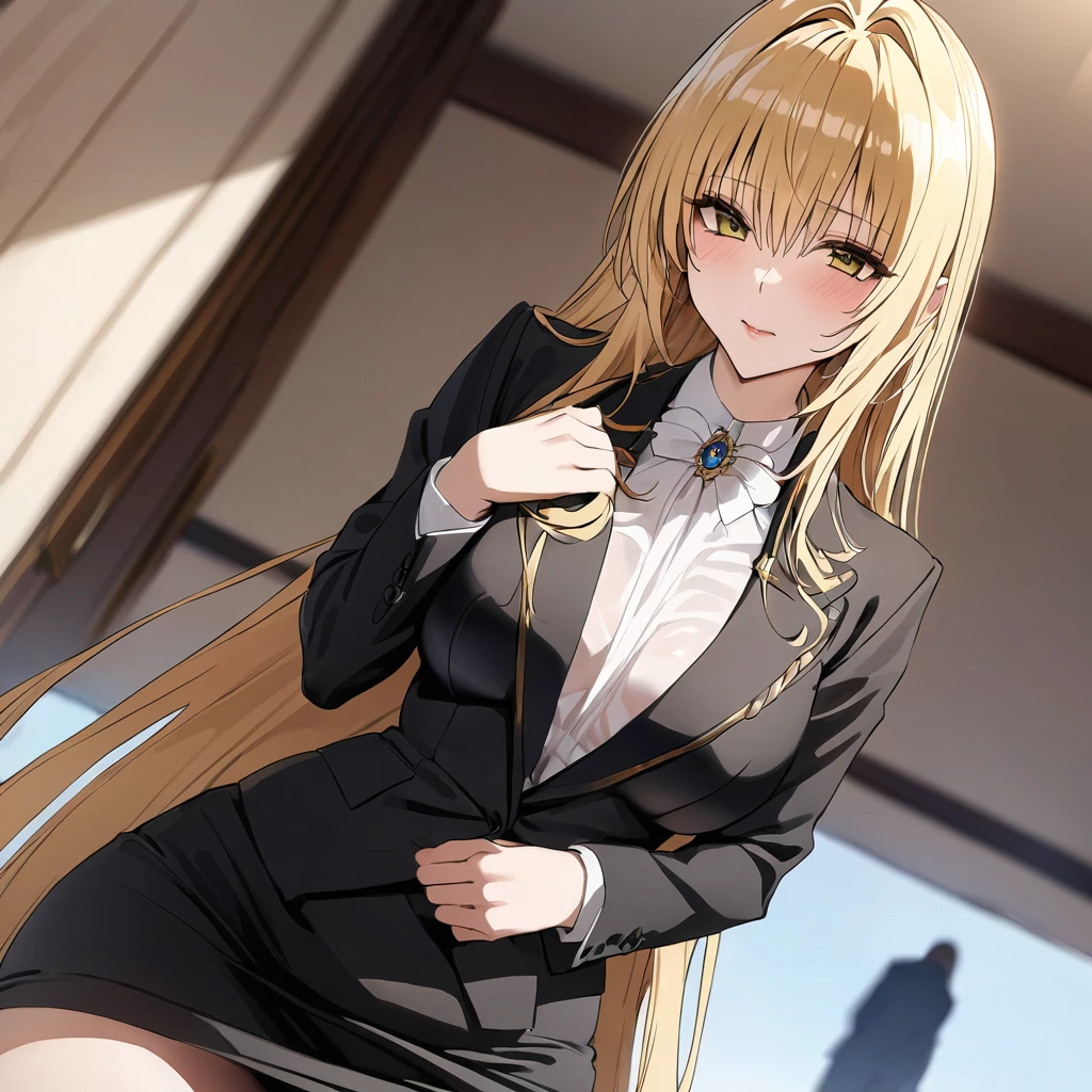 ((Highest quality)), ((masterpiece)), (detailed), （Perfect Face）、The woman is a thief with medium-long blonde hair, wearing a luxurious black skirt-type suit and a luxurious white blouse.