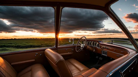 inside a old school car with a sunset and nice clouds out of the windsheild