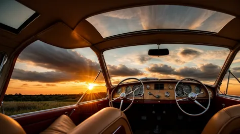 inside a old school car with a sunset and nice clouds out of the windsheild