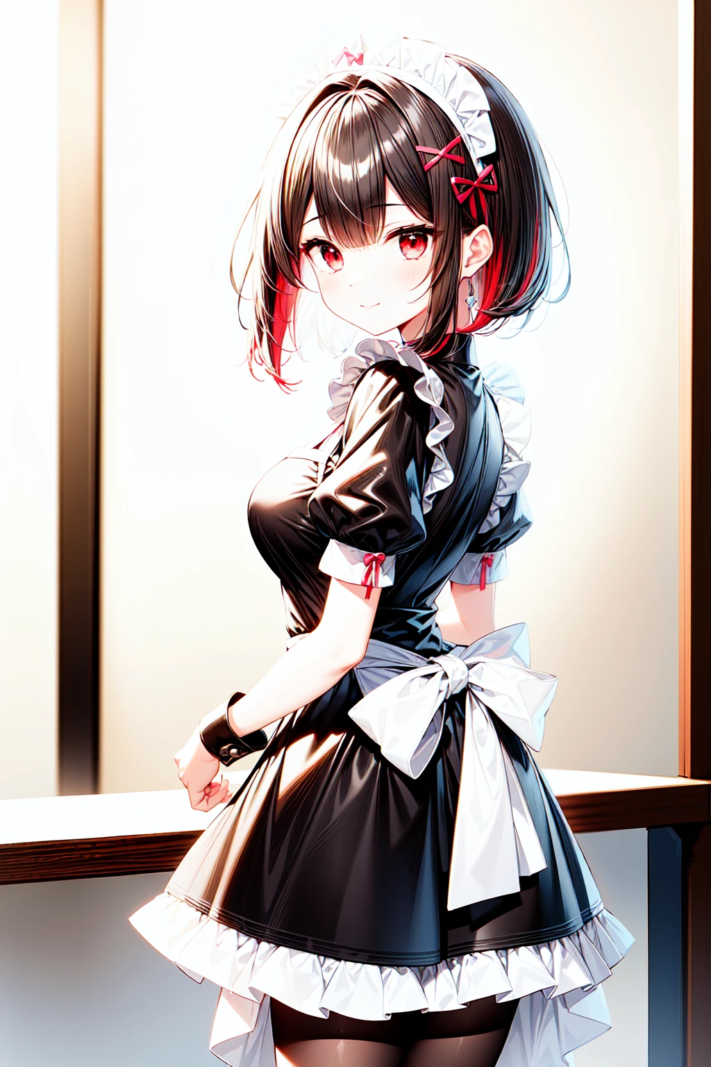 1girl, solo, breasts, red_eyes, colored_inner_hair, pantyhose, black_hair, tail, dress, short_sleeves, looking_at_viewer, maid, wrist_cuffs, red_hair, large_breasts, ass, apron, short_hair, maid_headdress, multicolored_hair, black_dress, puffy_sleeves, bangs, frills, puffy_short_sleeves, smile, white_apron, two-tone_hair, closed_mouth, black_pantyhose, bow, cowboy_shot, maid_apron, looking_back, frilled_apron, standing