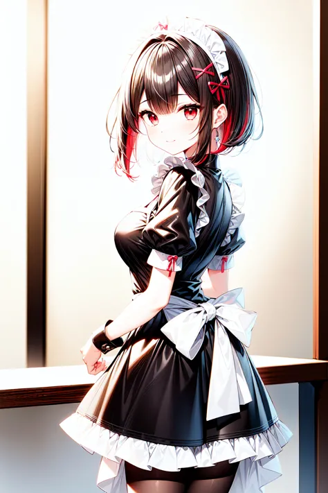 1girl, solo, breasts, red_eyes, colored_inner_hair, pantyhose, black_hair, tail, dress, short_sleeves, looking_at_viewer, maid, ...