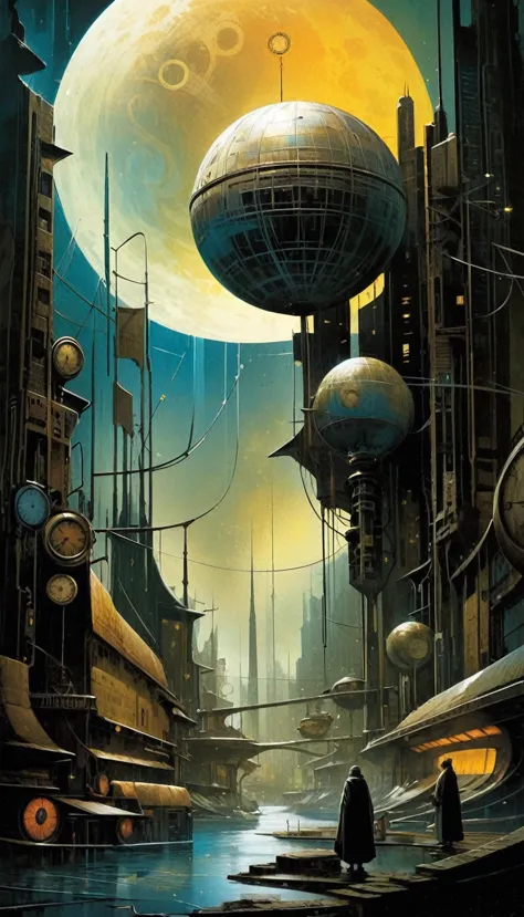 clockworld futuristic scene:1.5, Dave mckean art inspired
