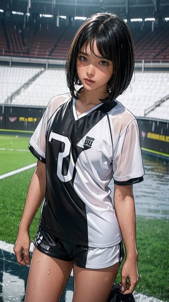 ((, muito magra)), chuva, heavy chuva, Cabelo preto, Bobcut, estádio de futebol, (Uniformes de futebol, branco, cabelo molhado, pele molhada, roupas molhadas)