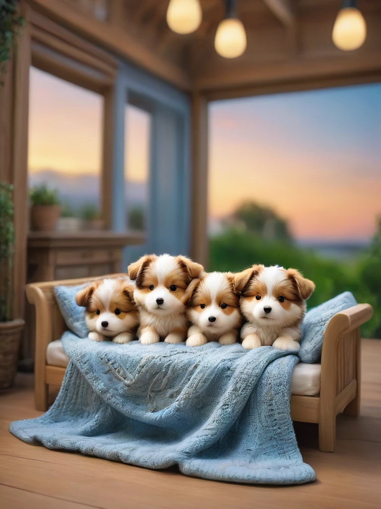 With the sunset in the background,(masterpiece:1.2, high quality), Several Shetland Sheepdog puppies sleeping snuggled up together in bed、