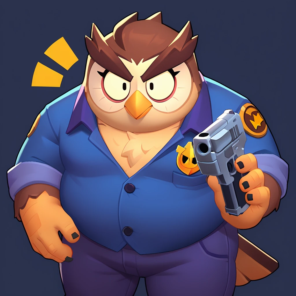 an obese anthropomorphic brown owl, bulging eyes, oval yellow beak, dressed in a blue polo shirt, owl logo on his polo shirt, purple jeans with an orange rim on the side, gold frame, having a pistol in hand, brawl , brawl stars