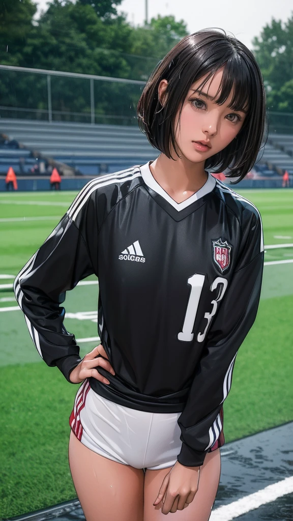 ((, muito magra)), chuva, heavy chuva, Cabelo preto, Bobcut, estádio de futebol, (Uniformes de futebol, branco, cabelo molhado, pele molhada, roupas molhadas), (NSFW)