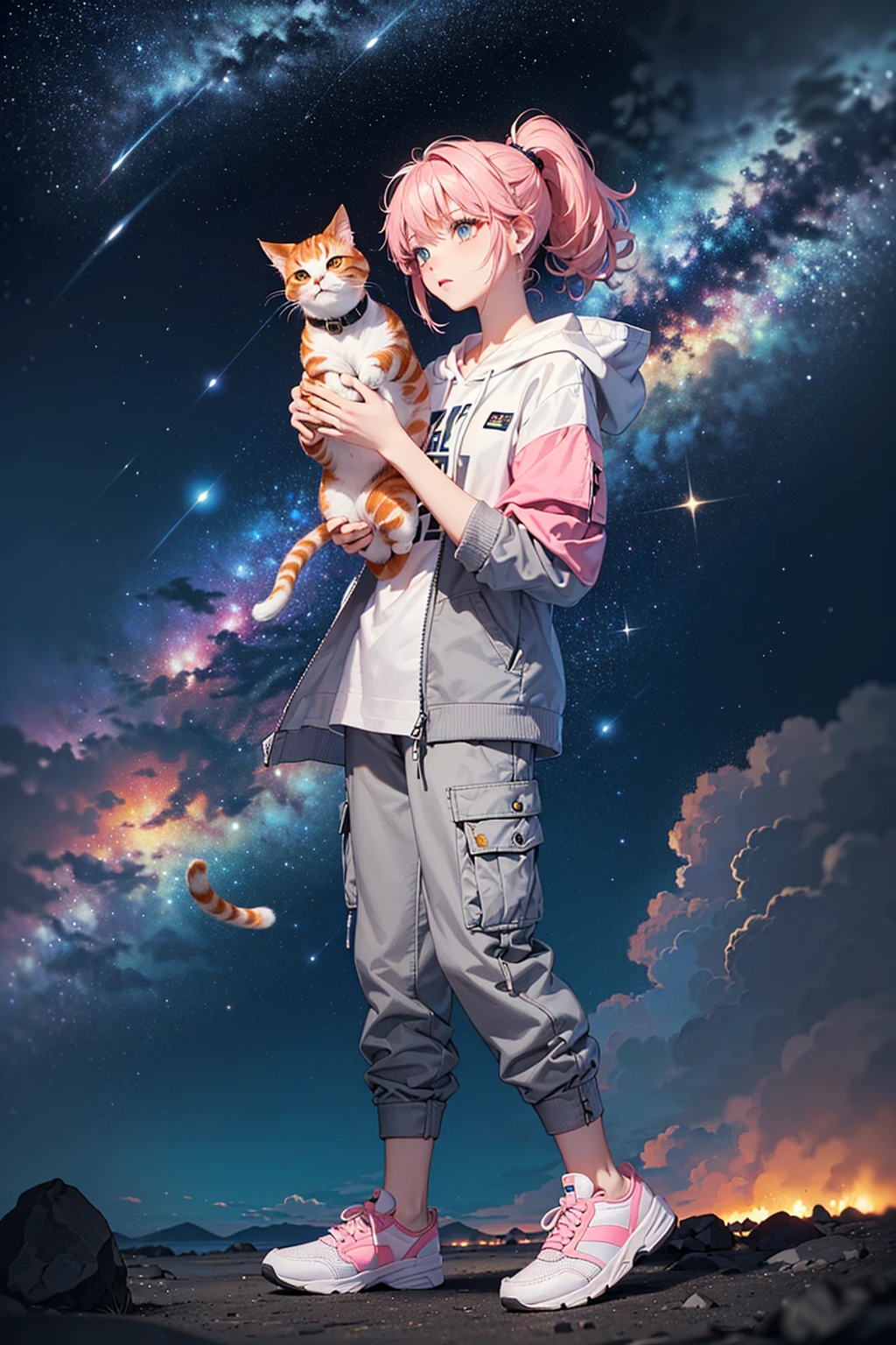 (((Holding a cute orange bantam cat in both hands)))，((Highest quality，masterpiece，Full frontal view of a super mature and tall beauty，Air bangs，Blue gray high ponytail super long straight hair，Slightly curly hair on double sideburns，Hair ends curled in，Gray and pink short T-shirt，Light blue denim gray hooded jacket，Black and gray long and wide cargo pants，Pink and white sneakers，(((Look at the camera head-on)))，starry sky galaxy background