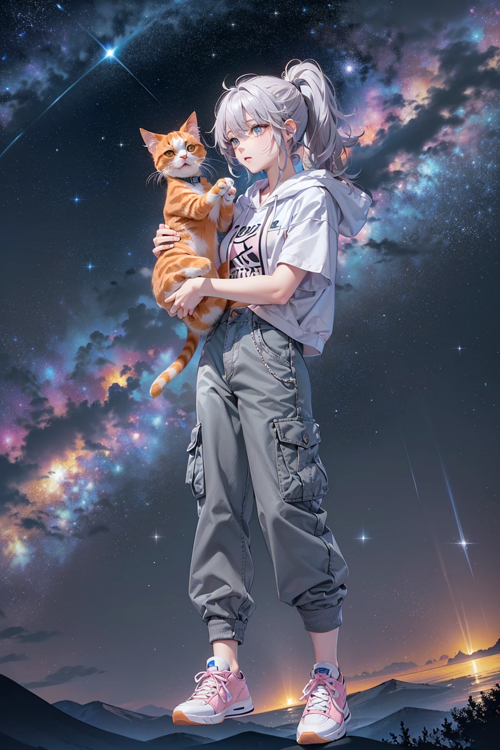 (((Holding a cute orange bantam cat in both hands)))，((Highest quality，masterpiece，Full frontal view of a super mature and tall beauty，Air bangs，Blue gray high ponytail super long straight hair，Slightly curly hair on double sideburns，Hair ends curled in，Gray and pink short T-shirt，Light blue denim gray hooded jacket，Black and gray long and wide cargo pants，Pink and white sneakers，(((Look at the camera head-on)))，starry sky galaxy background