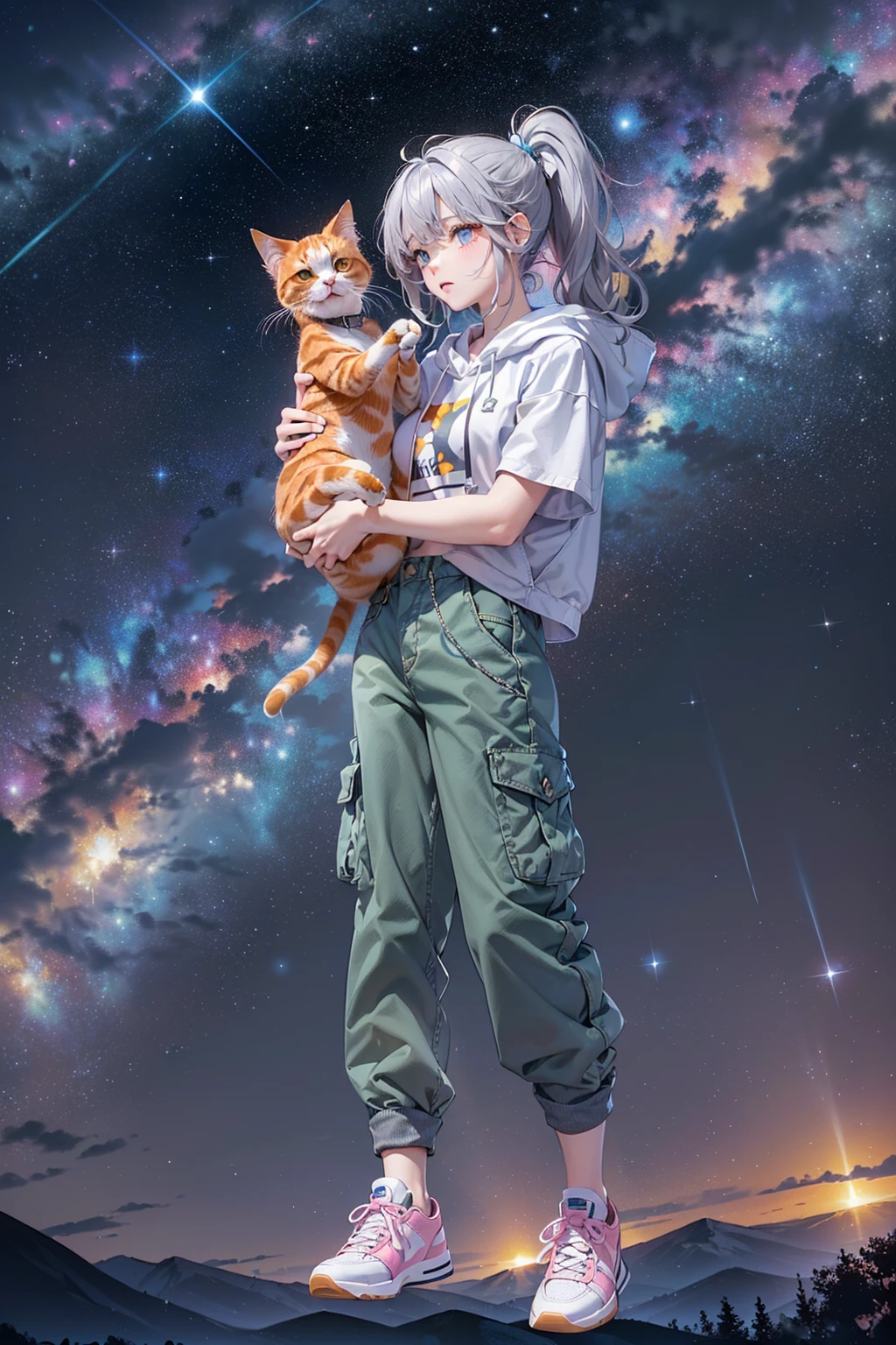 (((Holding a cute orange bantam cat in both hands)))，((Highest quality，masterpiece，Full frontal view of a super mature and tall beauty，Air bangs，Blue gray high ponytail super long straight hair，Slightly curly hair on double sideburns，Hair ends curled in，Gray and pink short T-shirt，Light blue denim gray hooded jacket，Black and gray long and wide cargo pants，Pink and white sneakers，(((Look at the camera head-on)))，starry sky galaxy background