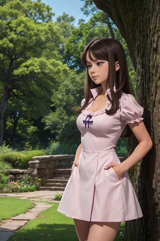 8k，high quality，masterpiece，1 girl, 1 chico, purple eyes, Brown hair, old, two tails, neckline, large old, blush, outdoor, wide, taken, forest, sexy dress, White suit, Bush, short sleeves, Grass, trees