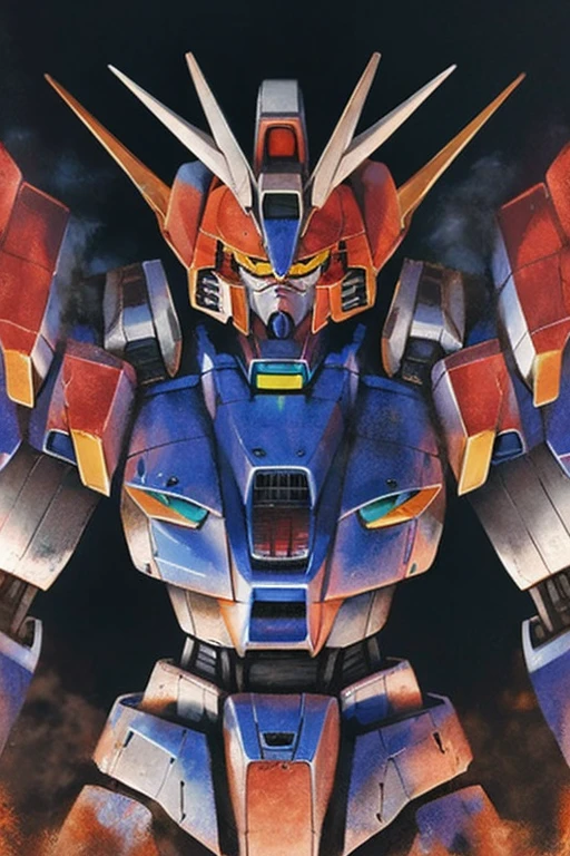 hector trunnec, masterpiece, best quality,  a Gundam mecha, smoke, glowing eyes, standing, close-up