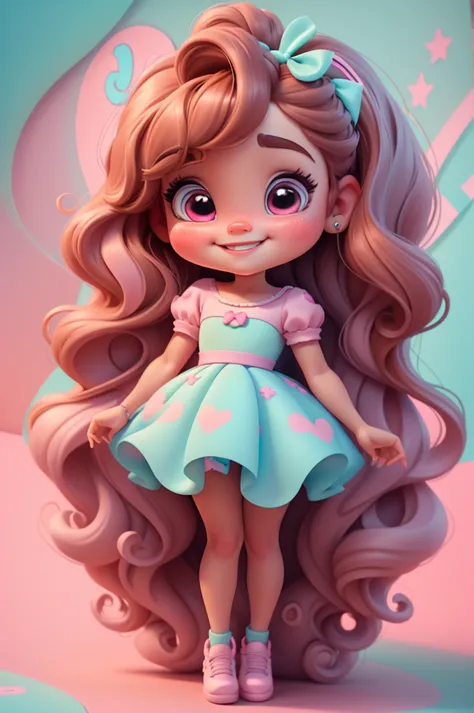 3d illustration, pixar style, cute chibi, baby girl ariana grande brown hair, long hair, pink bow in hair, dress aqua ciano with...