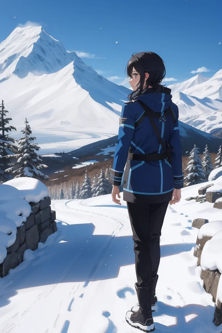 (day:1.7), Standing in front of a snow covered mountain , kirito&#39;s sister, tits, ass , sexy